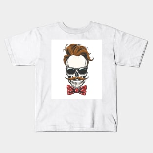 Skull with a hairstyle, mustache in a glasses and bow tie. Kids T-Shirt